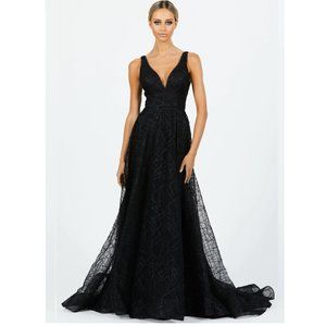 Black beaded evening gown